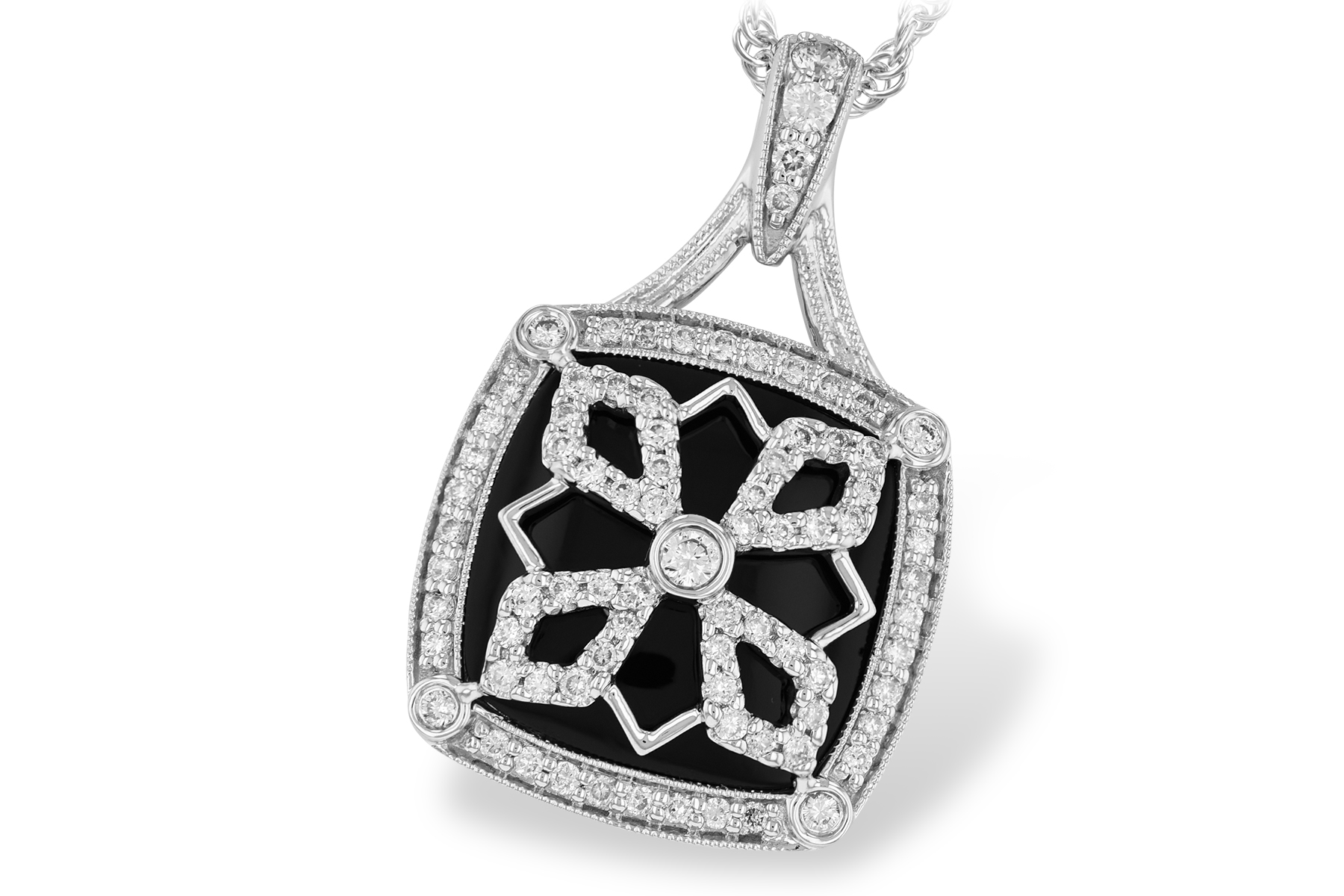 K196-62533: DIA & ONYX NECKLACE .38 TW