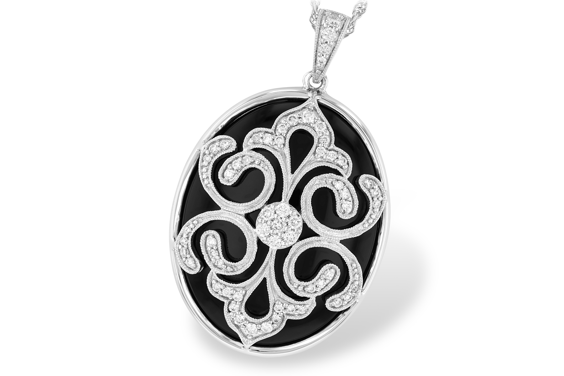 L196-62533: DIA & ONYX NECKLACE .36 TW